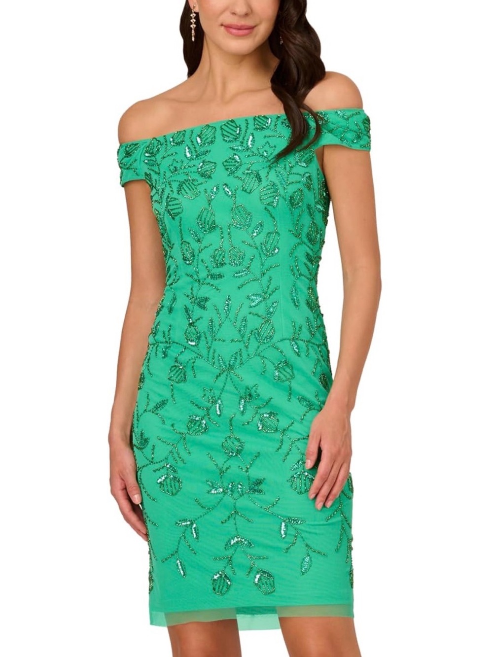Adrianna Papell Emerald Green One-Shoulder Beaded Cocktail Dress